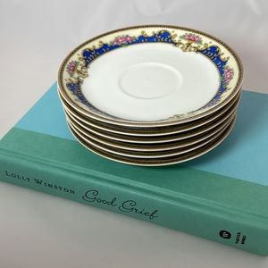 Antique Haviland Limoges France Saucers Set 6 Cobalt Blue Pink Roses c1894-1931